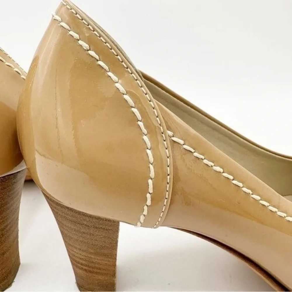 AGL Tan Nude Patent Leather Flex‎ Heels w/Cream Topstitching Sz 37 EU/6.5-7 US
